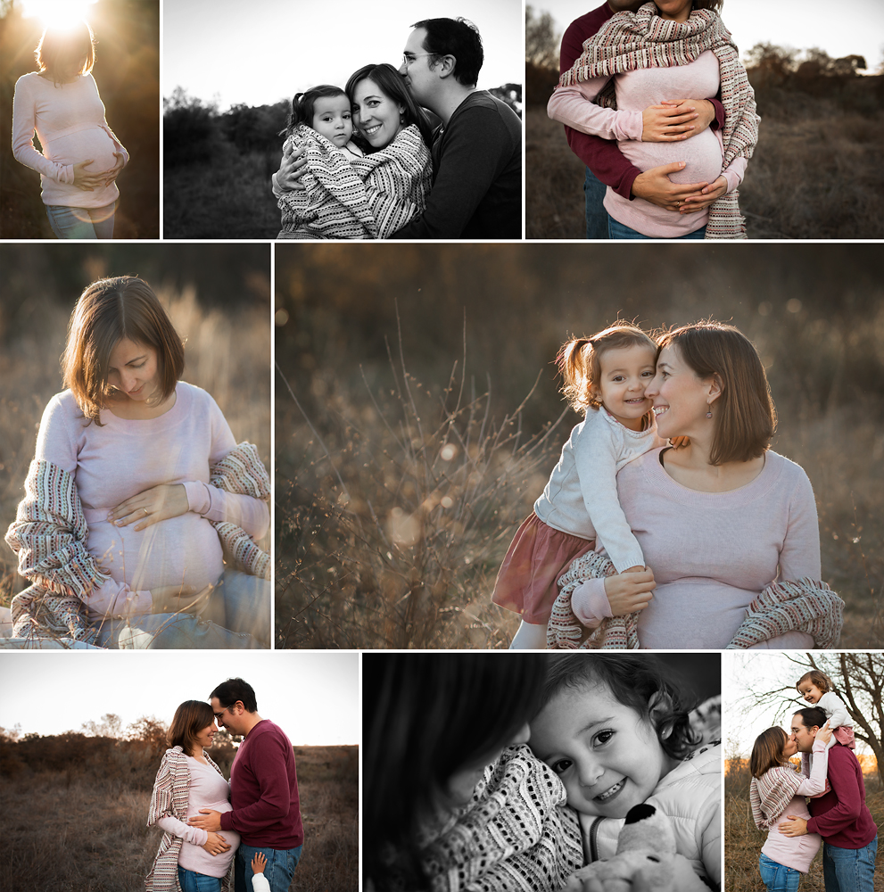 Esto es un collage de una sesión de fotos en el campo, de una familia con una niña de 2 años y la mamá embarazada de 8 meses.