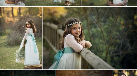 Collage de una sesión de fotos de una niña de pelo castaño con traje de comunión en exteriores.